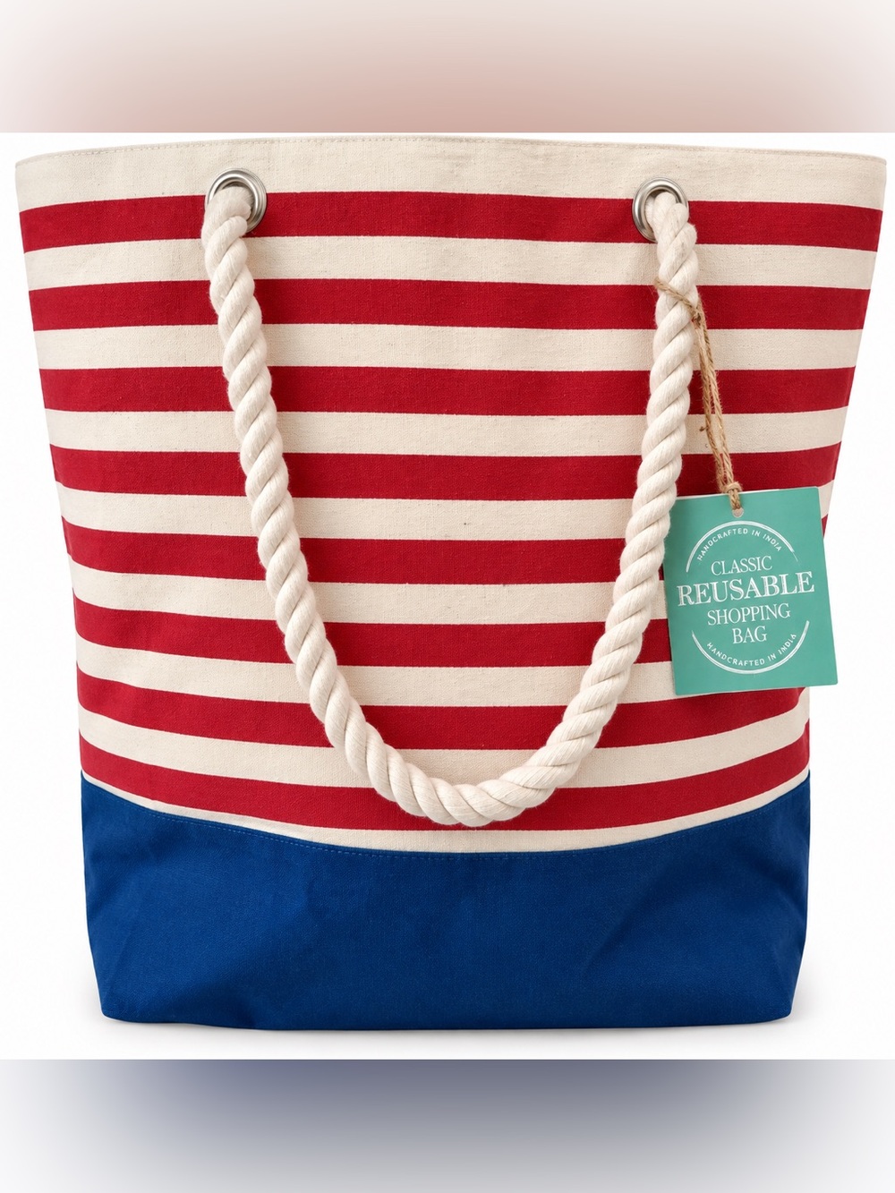 100% Cotton Canvas Nautical Striped Beach Tote Rope Handles NWT
